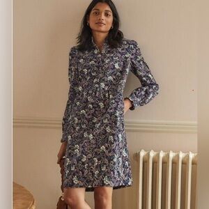 Ruffle Neck Boden Cord Shirt Dress Navy paisley print